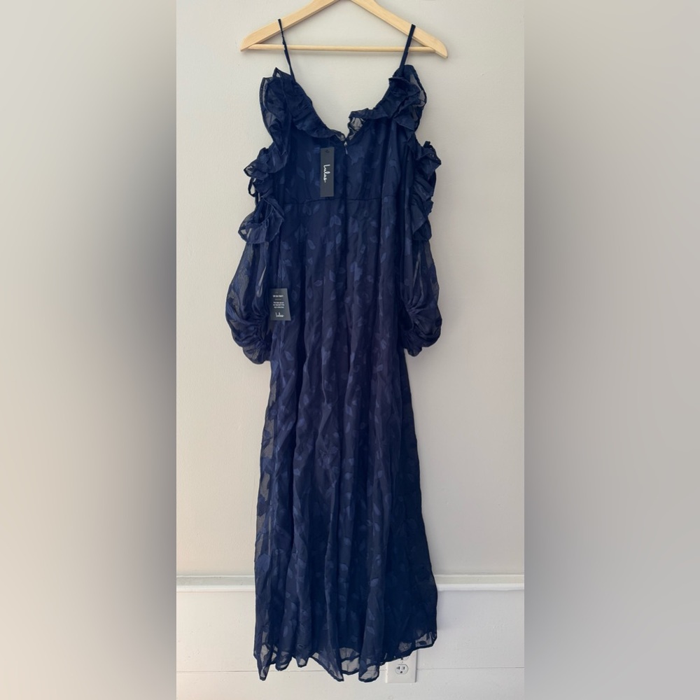NWT Lulus Pleasant Aura Navy Blue Floral Burnout Cold-Shoulder Maxi Dress - Picture 4 of 5